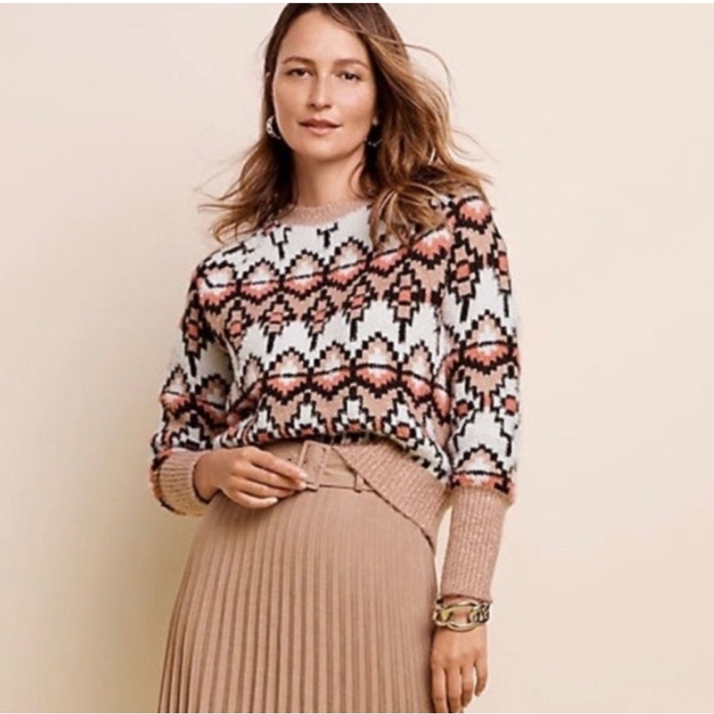Ann Taylor Fair Isle Jacquard Sweater eyelash knit crewneck neutral sparkle